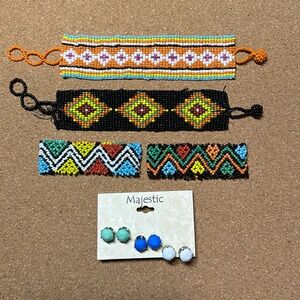 Huichol Beaded bracelets set of 4 geometric pattern plus earrings